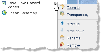 “熔岩流危险区域”图层的快捷菜单