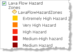 展开的“熔岩流危险区域”图层的颜色符号和风险等级